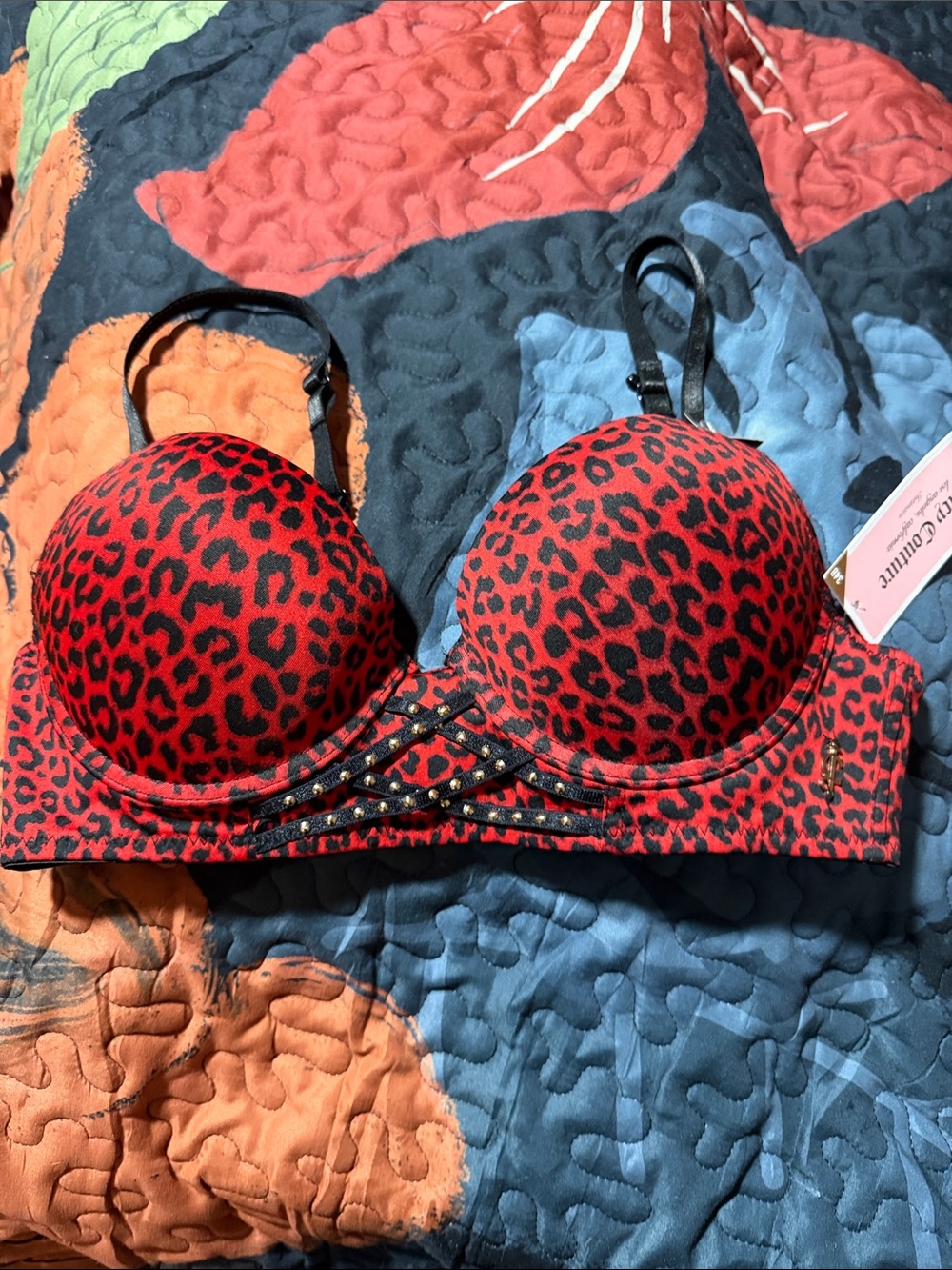 Juicy Couture Red and Black Leopard Push-Up Bra with Stud Accent 34B nwt